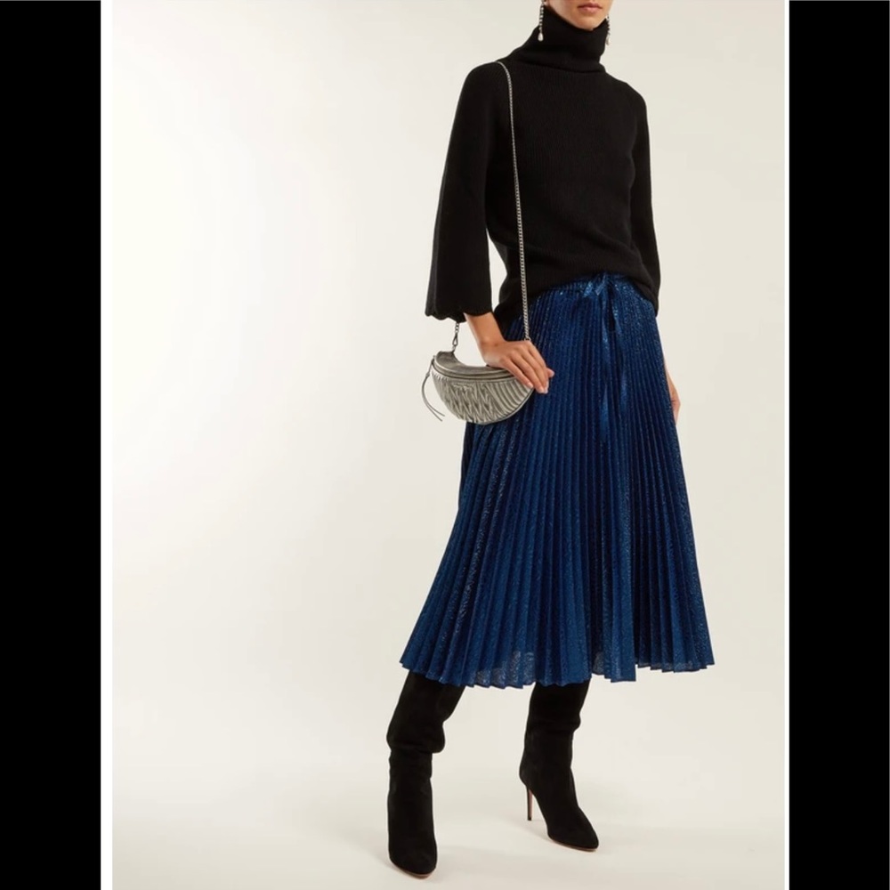 RED Valentino Pleated Blue Metallic Floral-Brocade Midi Skirt - NWOT